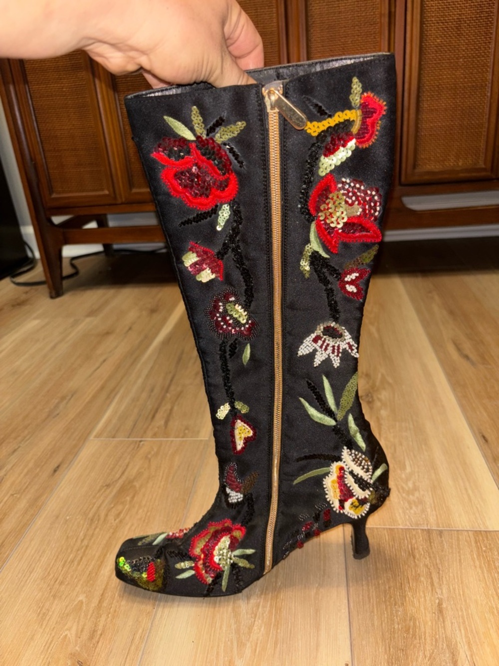 Rina Shah Vintage Beaded Floral Embroidered Black Satin Knee High Boots - Picture 2 of 14